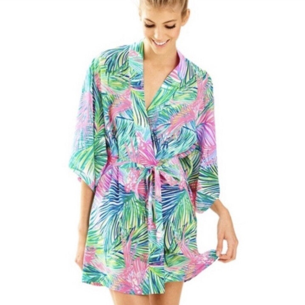 Lilly Pulitzer Palm Beach silk robe in Multi Scarlet Macaw